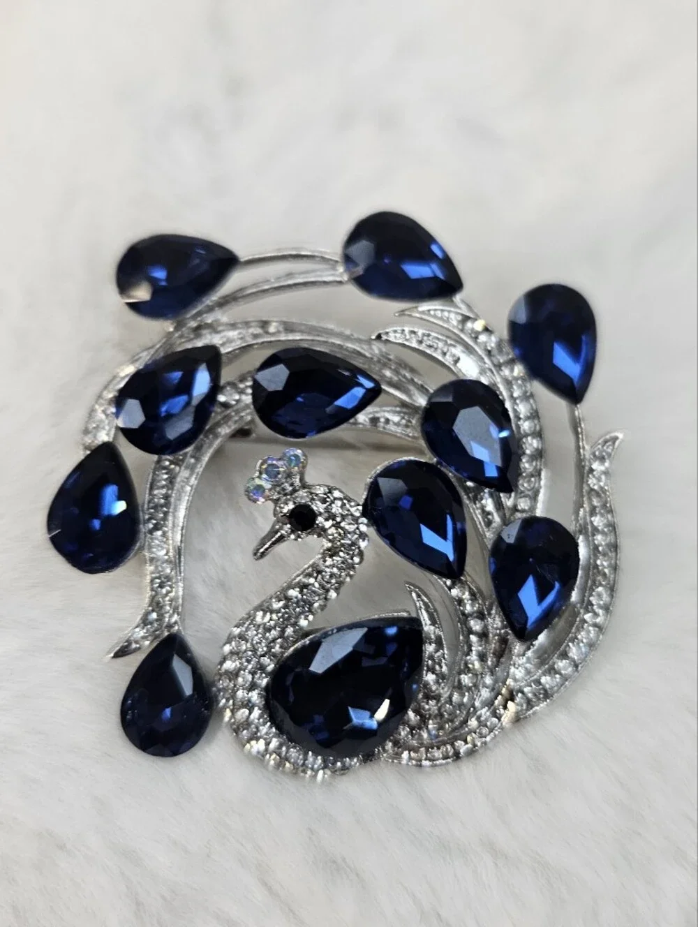 Vintage Style Sapphire Blue Swan Crystal Brooch